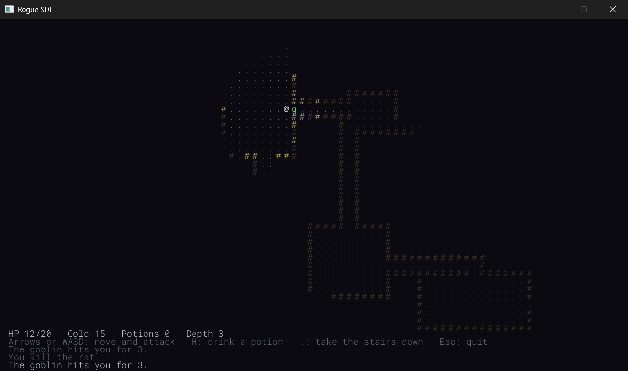 Holding a doorway at depth 3. The @ has just killed a rat, and a goblin, the green g, stands in the doorway, where it's the only monster that can reach the @.