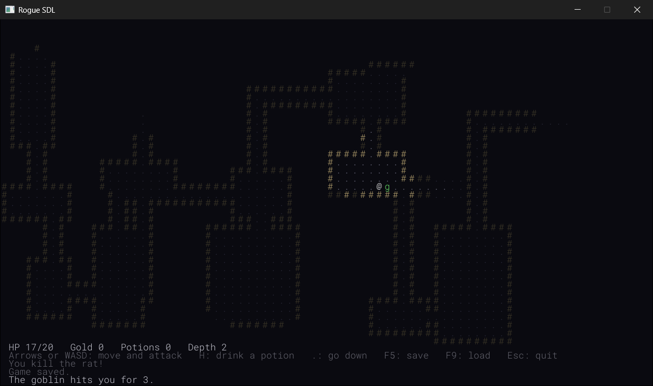 The end of Part 4, two levels down. The @ found a goblin, the green g, in a room on the right, and turned back the moment it was seen. The goblin followed it every step of the way: down one long corridor, along the bottom of the map, and up another, more than fifty steps, to this room. There, the @ saved the game, and turned to fight, and the goblin got the first blow in.