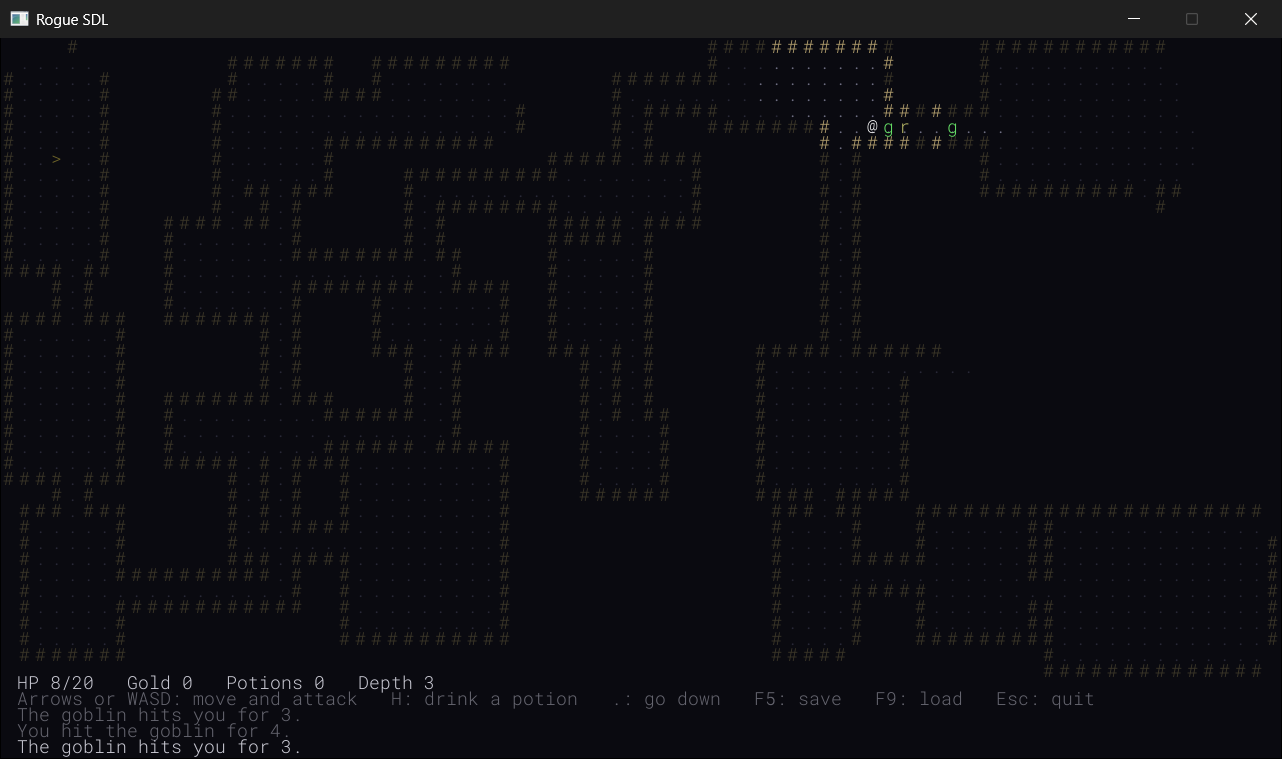 Holding a corridor, at depth 3. Two goblins and a rat saw the @ in their room, and it backed away along this corridor. All three followed, in single file, and only the first goblin can reach the @. The rat behind it has to wait its turn, and the second goblin is on its way. At 8 health, it's still a fight the @ could lose.
