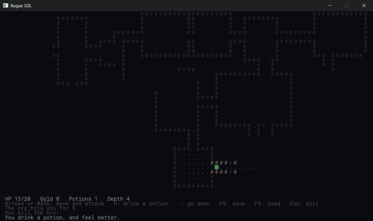 After a fight, at depth 4. The @ killed an orc with 5 health left, and has just drunk one of its two potions: its cell glows green, fading, and the health on the HUD is back up to 13.