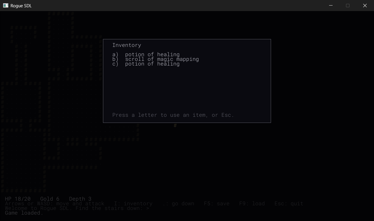 The end of Part 6, three levels down. The inventory is open over the dungeon, which is dimmed behind it, HUD and all, and it lists the pack: two potions of healing and a scroll of magic mapping, each with its letter. Pressing b reads the scroll, and Esc closes the inventory with nothing used.