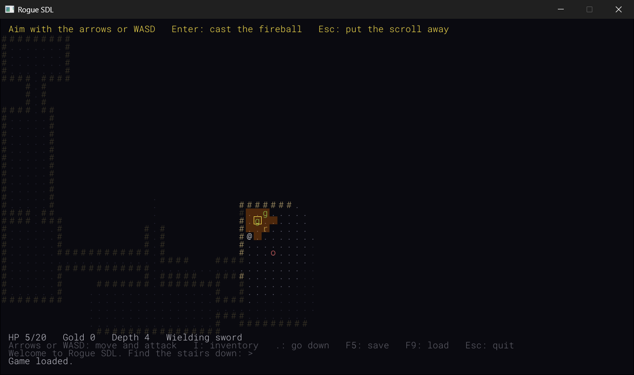 Aiming a fireball, four levels down, with 5 health left and a sword in hand. The banner at the top gives the keys, the yellow outline is the cursor, on a goblin, and the orange glow is everywhere the fire would burn: another goblin and a rat are in it, and the walls cut two cells off it. The orc below is outside the glow, and so is the @.