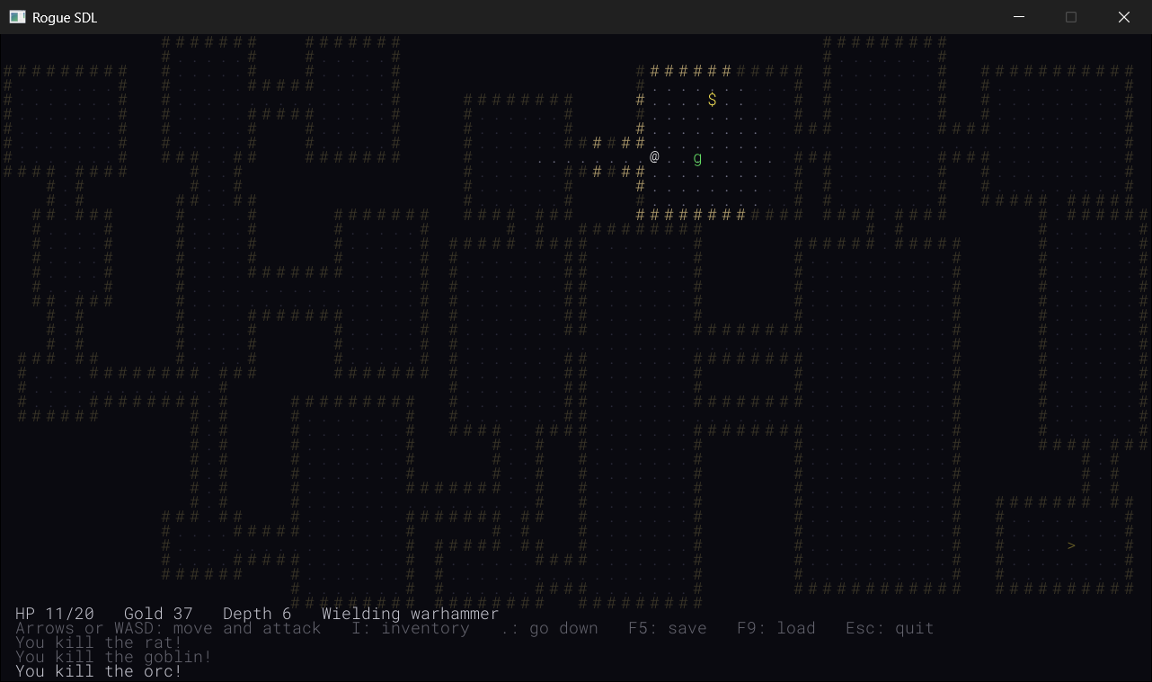 Six levels down, with a warhammer. A scroll of magic mapping has shown the whole level, with the stairs down in the bottom right corner, and the messages tell the story of the walk to this room: a rat, a goblin, and then an orc, killed with a single blow of the hammer. Another goblin waits by the gold.