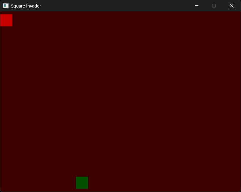 Game over. The background has turned dark red, the player is dimmed, and the invader is waiting back at the start, but nothing moves.
