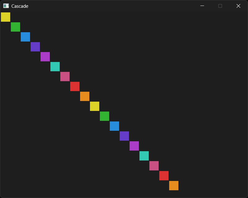 The finished cascade. The loop draws 18 squares, going around the palette twice, and stops just short of the bottom edge. In the running program, the colors flow up the diagonal.