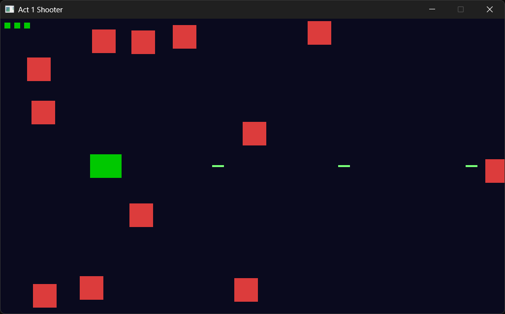 The Act 1 shooter in play. All three lasers are in the air, and the first is about to meet an alien coming in from the right. The three squares in the corner are the lives.