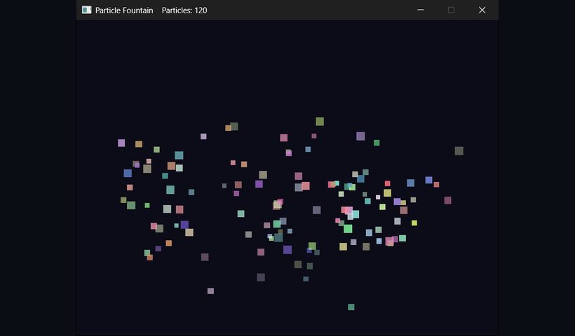 A particle fountain — hundreds of coloured particles spraying across the window.