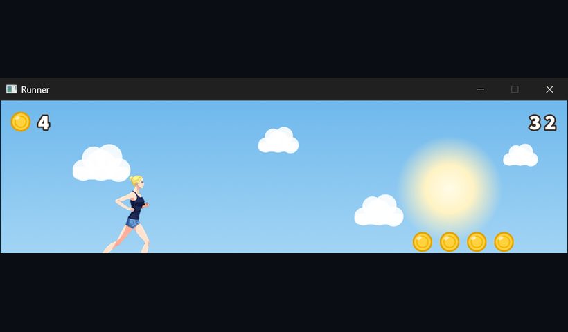 An endless runner — a character running across a blue sky with clouds, coins and a score.