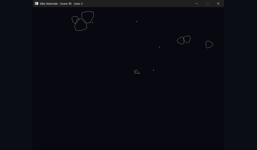 A vector Asteroids game — wireframe rocks and a ship, with score and lives.