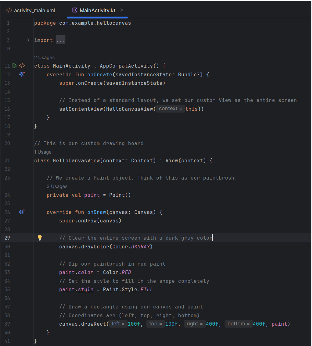 The MainActivity.kt file in Android Studio with the Hello Canvas code typed in.