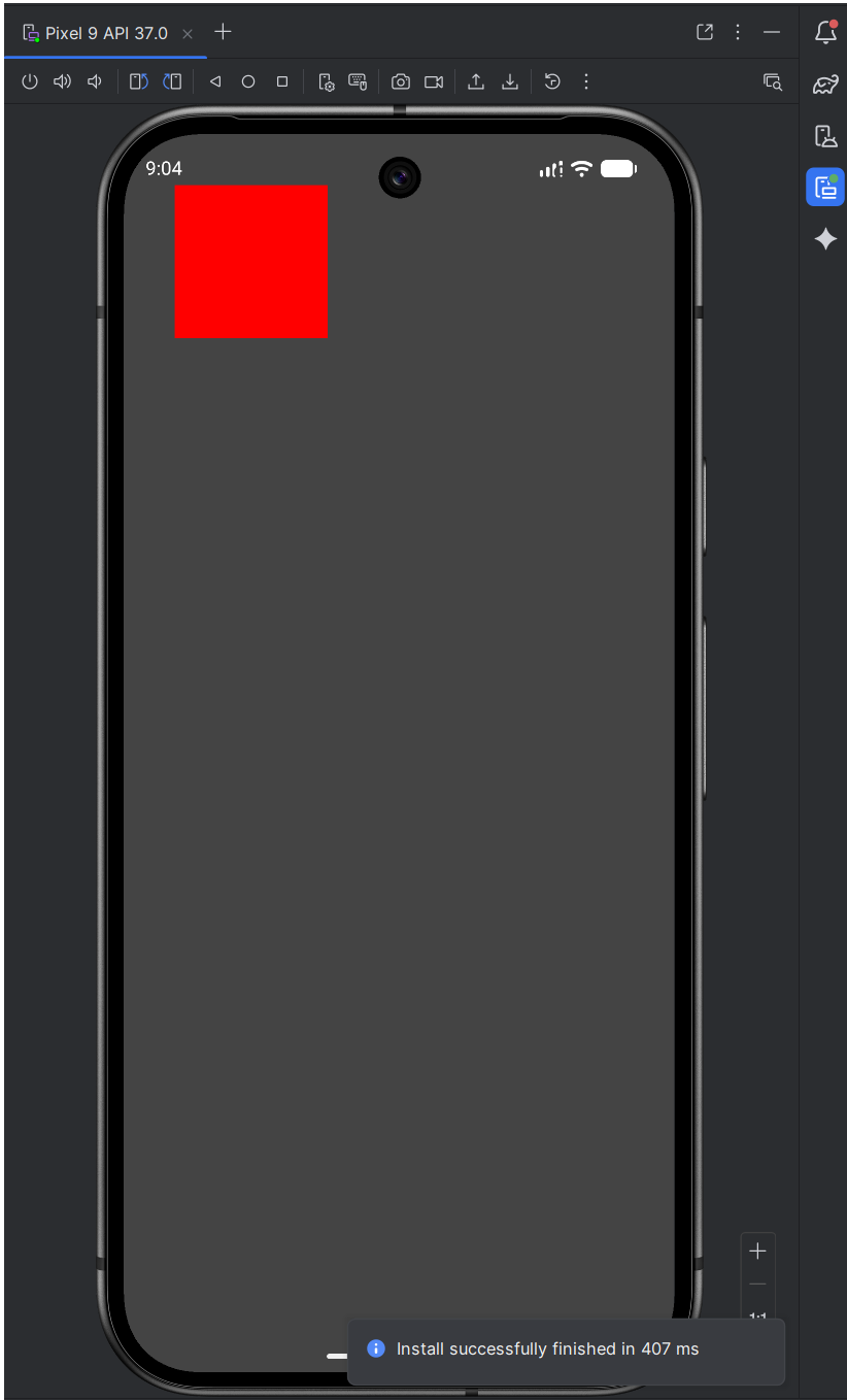 The Android emulator showing a dark gray screen with a solid red square drawn in the top-left area.