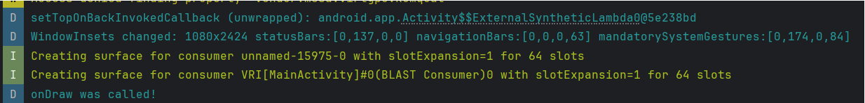 The Android Studio Logcat panel showing the debug message 'onDraw was called!' printed repeatedly.