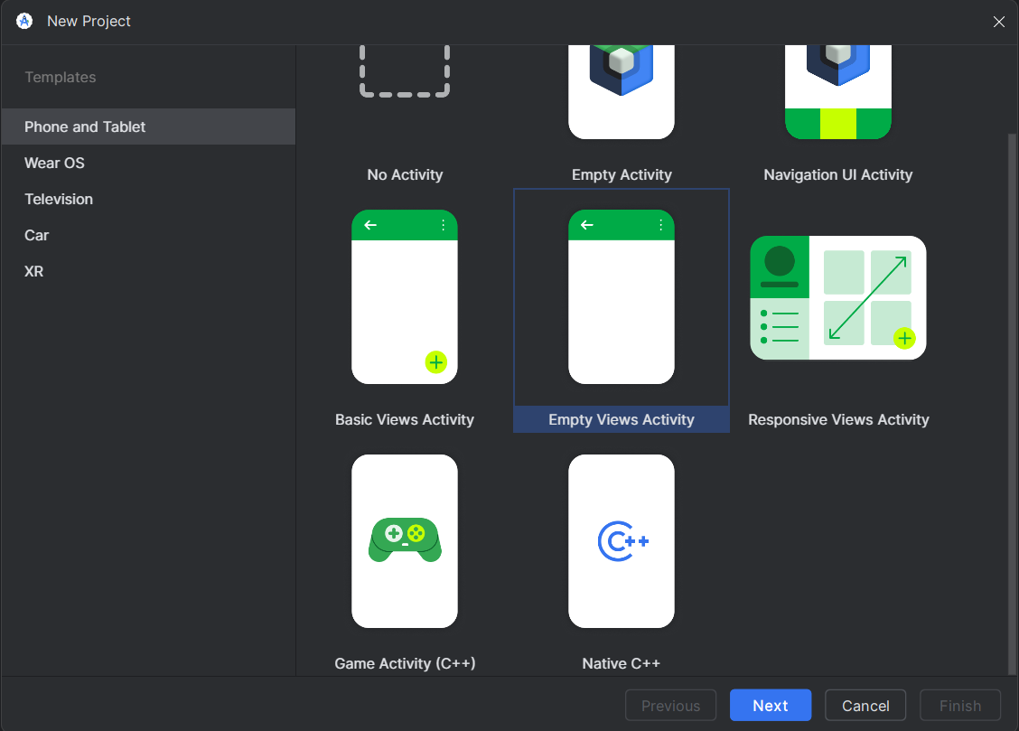 Android Studio project template screen with Empty Views Activity selected.