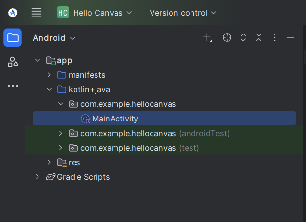 The Android Studio project window expanded to show MainActivity.kt inside the package folder.