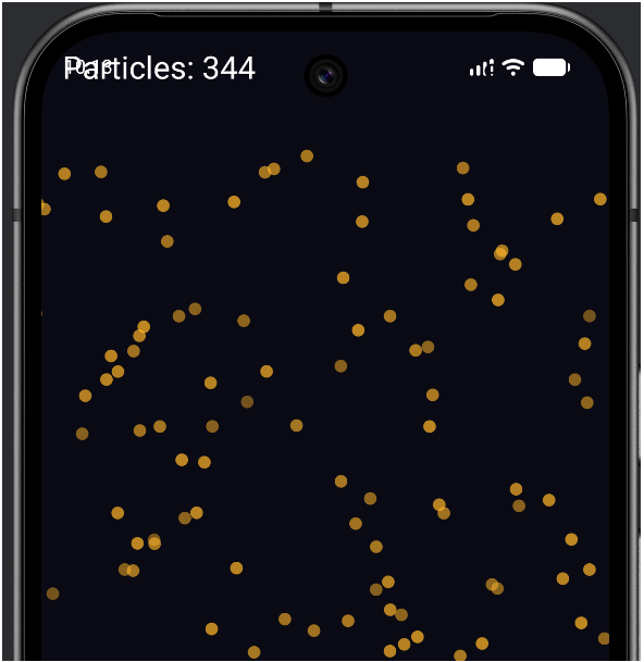 Particle Swarm running: trails of fading orange sparks arcing across a near-black screen, with the live particle count shown at the top left.