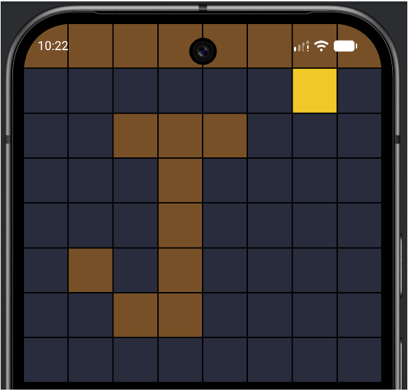 Level Grid running: an 8x8 tile map with brown walls, dark blue-gray floor, and a single gold goal tile, shown mid-edit with one wall tile recently flipped to floor.