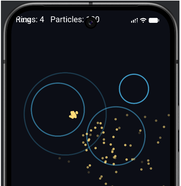 Advanced Spawner running: several blue shockwave ring outlines at different sizes across a dark screen, with a burst of golden particles where one has just completed its expansion.