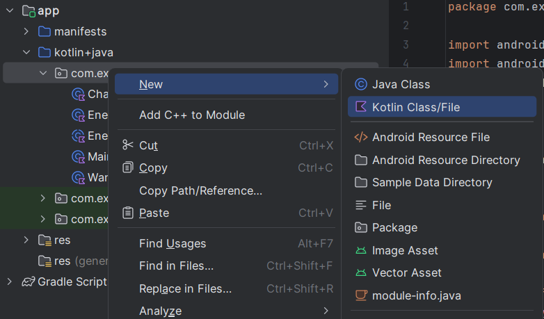 Right-clicking the package folder in Android Studio and choosing New then Kotlin Class/File to create a new class file.