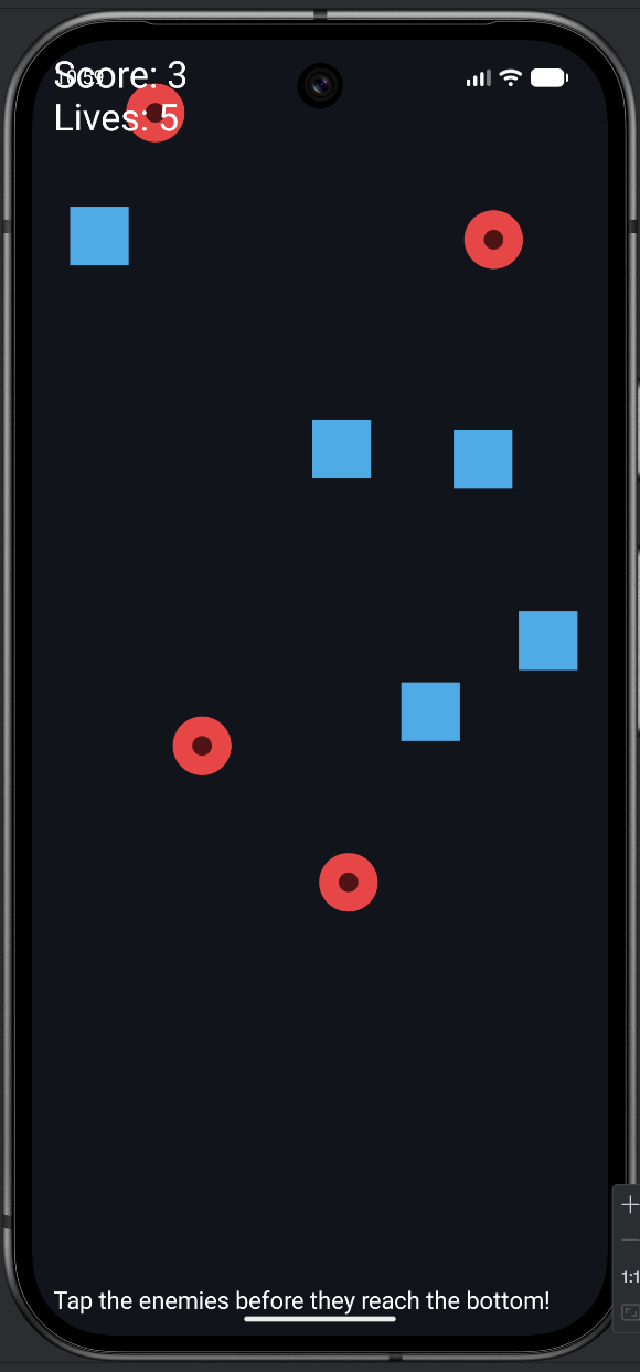 Varied Enemies running: red chaser circles converging toward the bottom-center while blue wanderer squares weave down, with score and lives at the top.