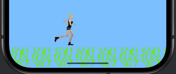 The Sprite Demo: the animated player running on a row of grass tiles under a blue sky.