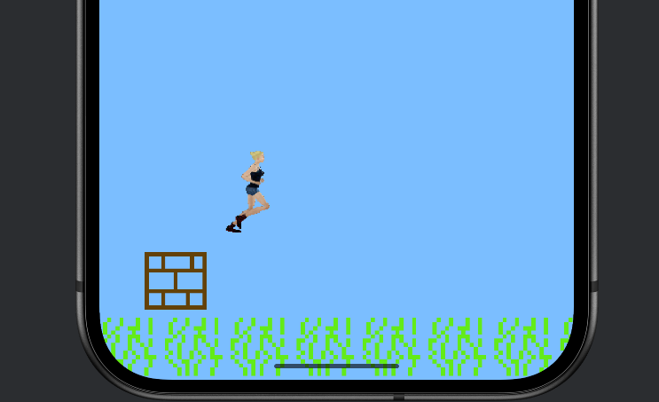 The Endless Runner: the animated hero mid-leap over a wall on the scrolling grass, score shown at the top.