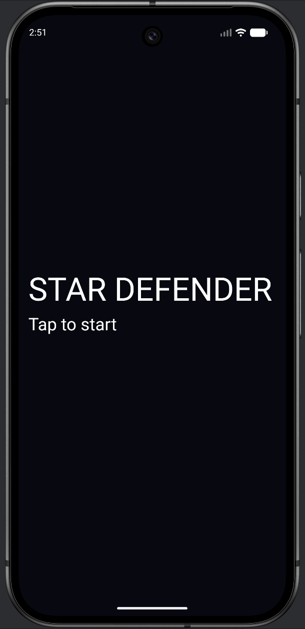 The Star Defender title screen showing the game name and a Tap to Start prompt against a dark space background.