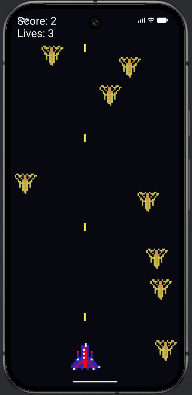 Star Defender in the playing state: the player's ship at the bottom firing lasers upward at descending alien ships, with score and lives shown in the HUD.