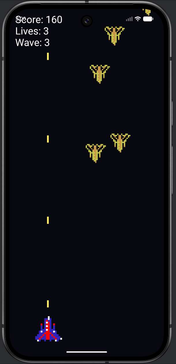 Star Defender mid-wave: a mix of straight, weaving, and chasing enemy types descending toward the player's ship, with the wave number and score displayed in the HUD.