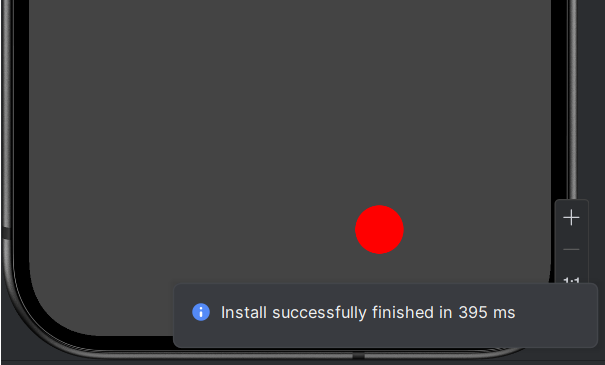 The Bouncing Ball app running in the emulator, with a red ball mid-bounce near the edge of the screen.