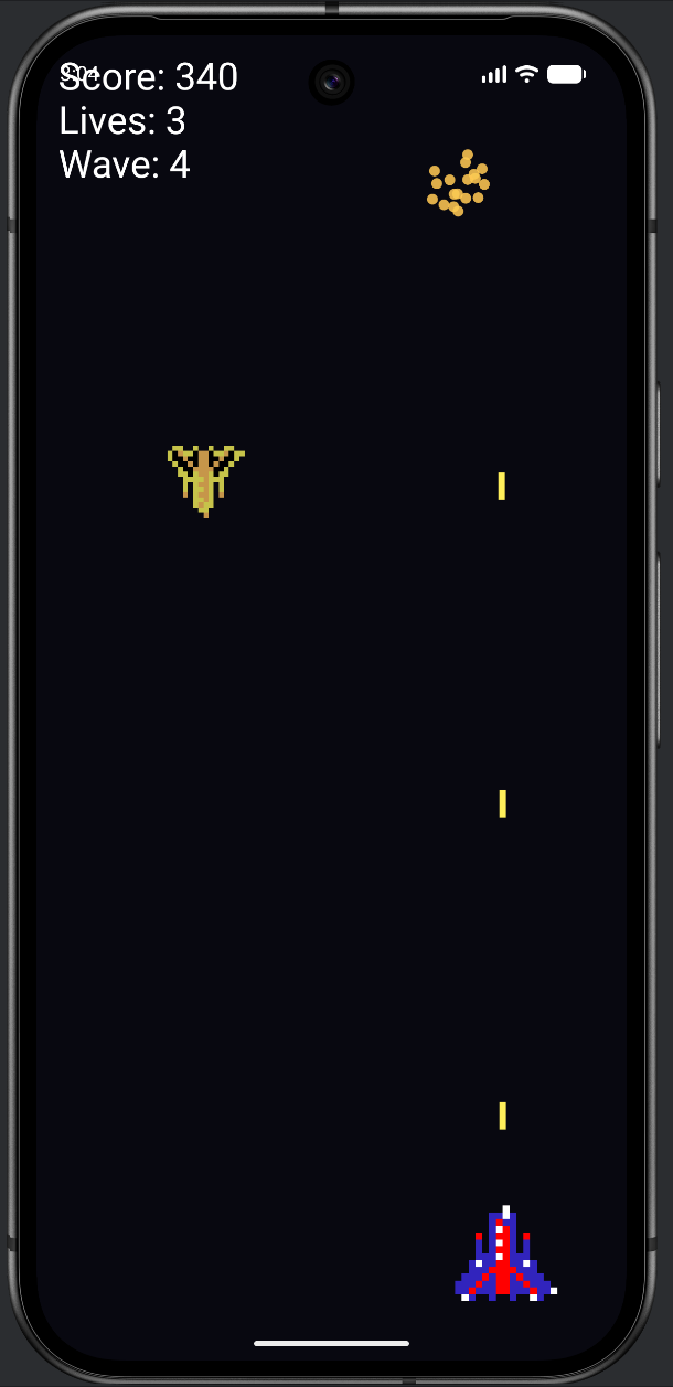 The finished Star Defender: an enemy bursting into a shower of orange sparks mid-screen, the world slightly shaken on impact, with the score, wave number, and lives displayed in the HUD.