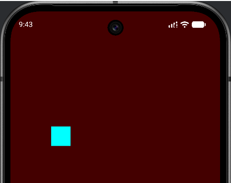 The TapResponder app running, showing a cyan square moving right against a dark blue background after a tap on the right side.