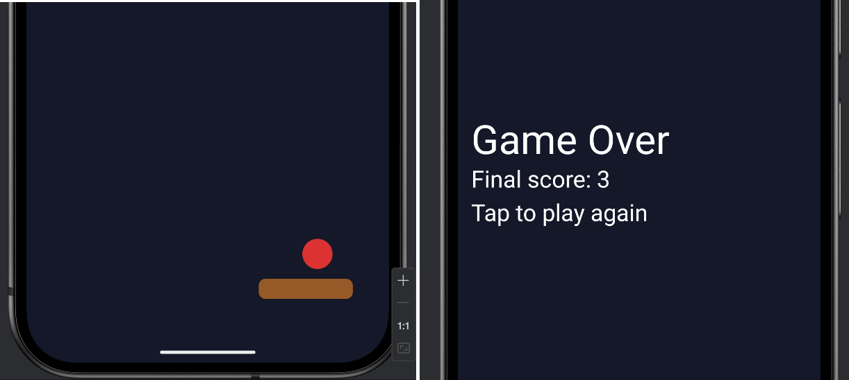 Fruit Catcher running in the emulator: a brown rounded basket near the bottom of the screen, a red circular apple falling toward it, and the score and lives shown at the top left.
