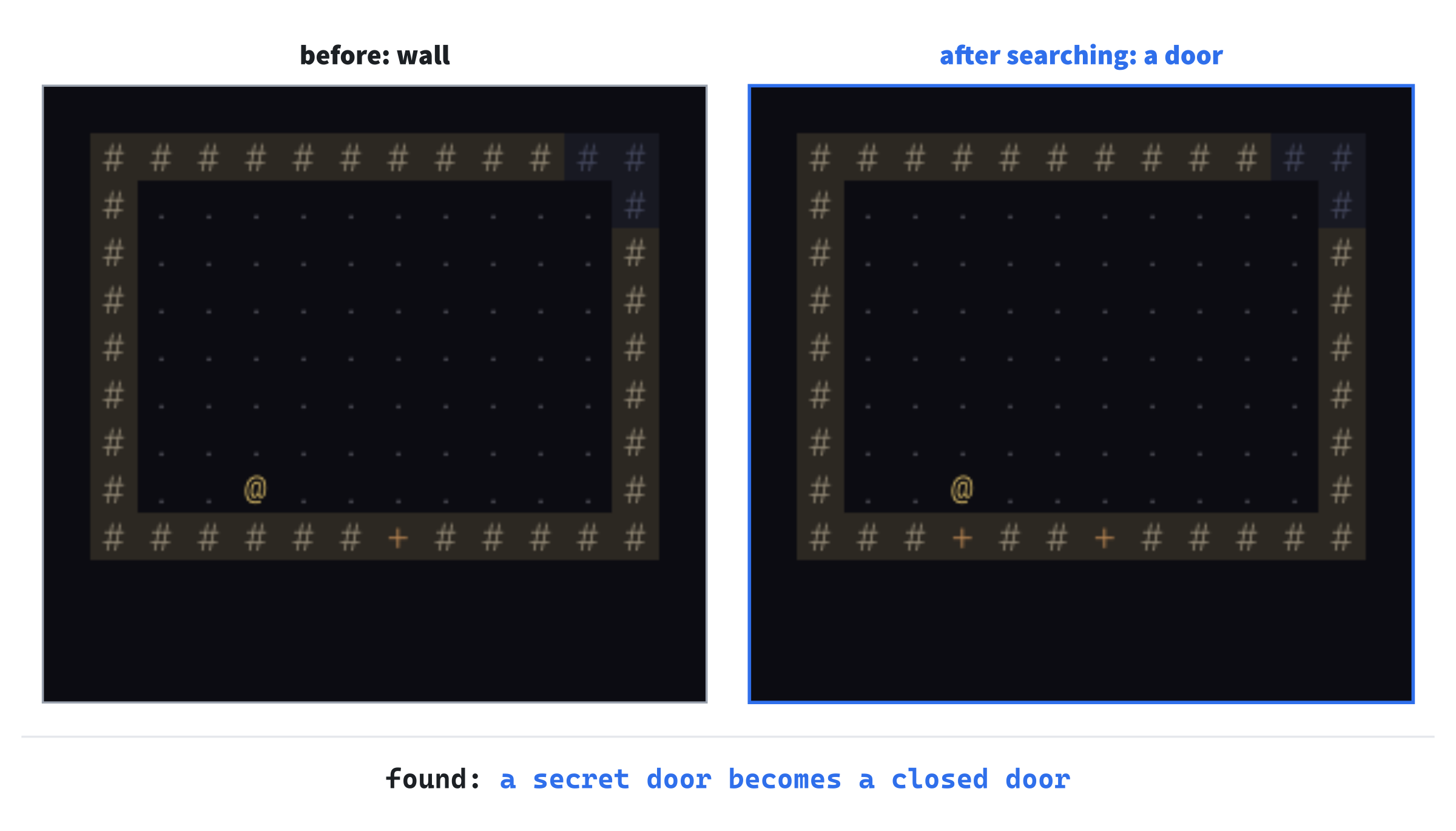 A secret door, before and after a search