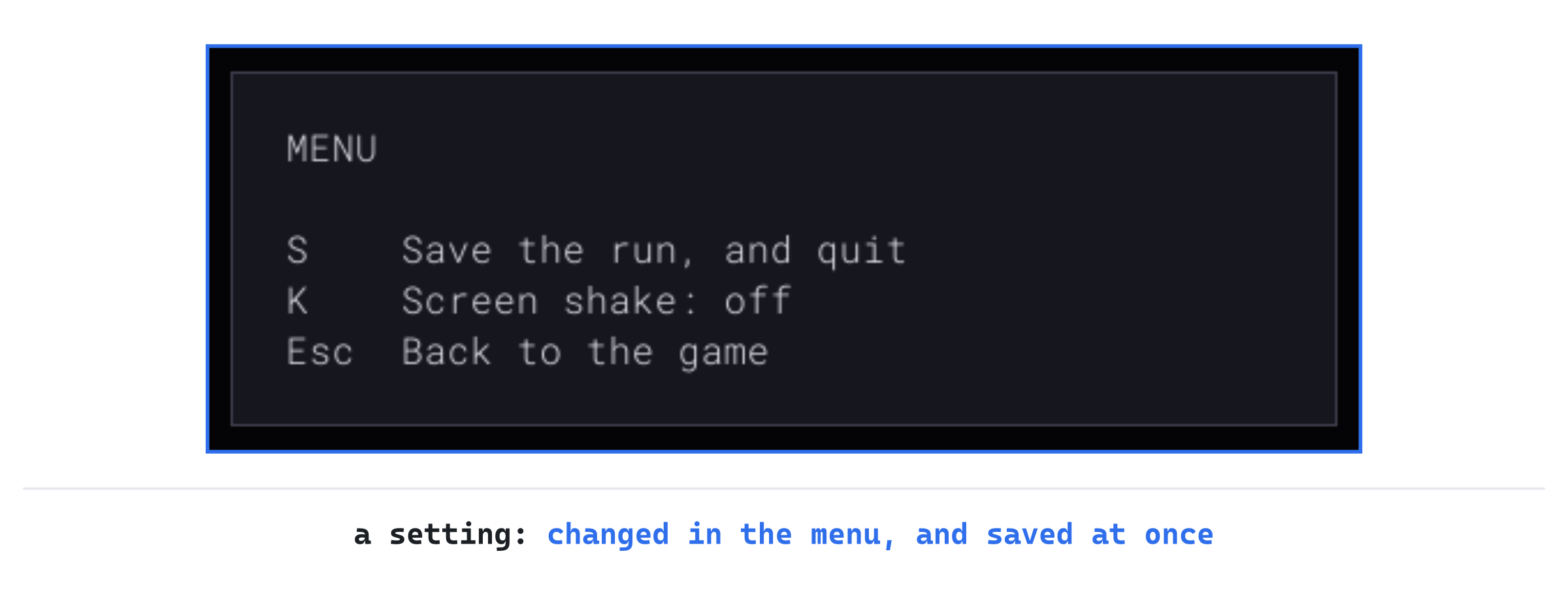 Esc's menu, with the shaking turned off