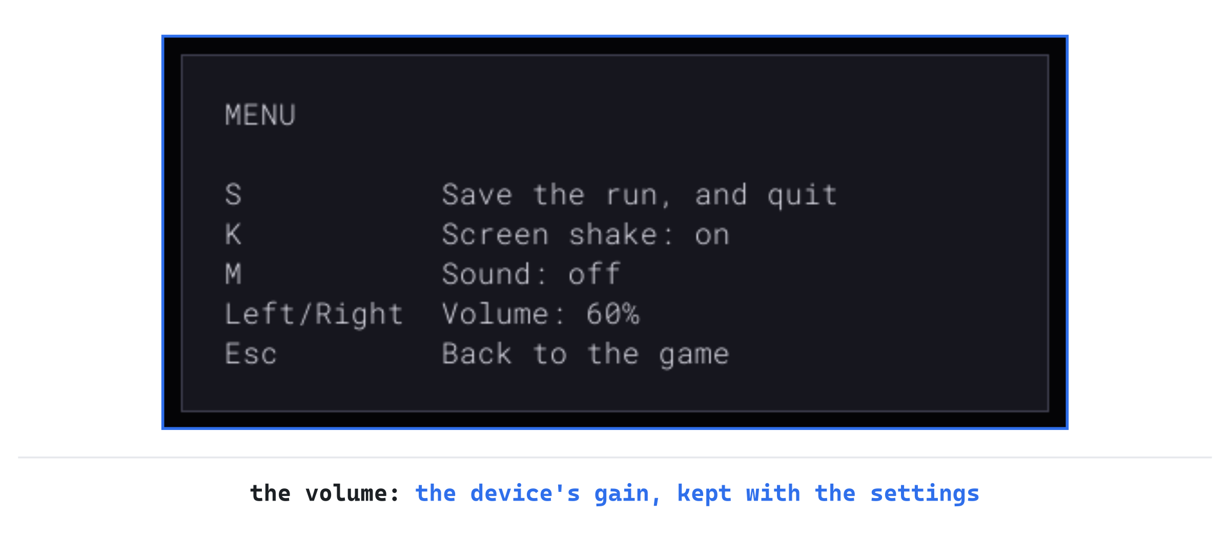 The menu, with the volume and the sound