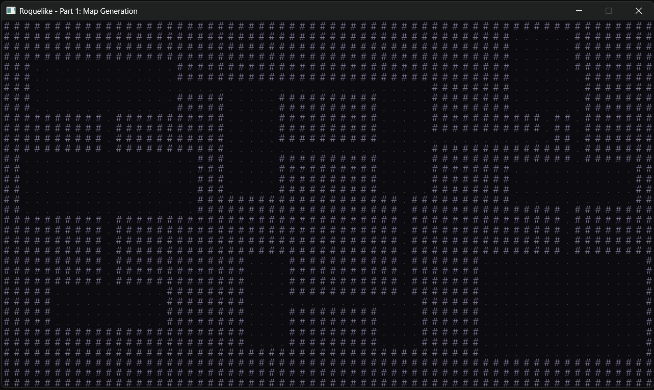 Part 1 dungeon viewer — a BSP-generated dungeon drawn in crisp ASCII, with bright # walls and dim . floors in a 1280x720 SDL3 window