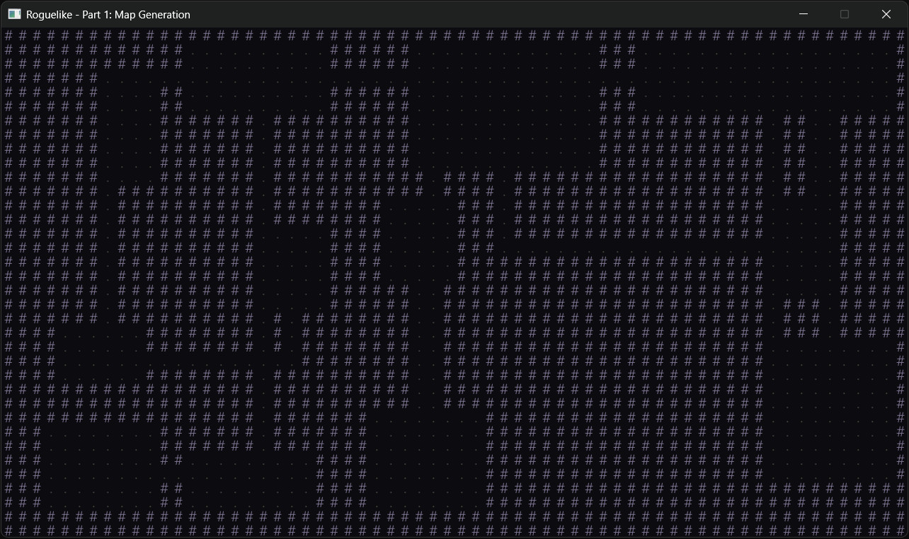 A second ASCII dungeon layout — different room positions and corridor paths generated by pressing Space