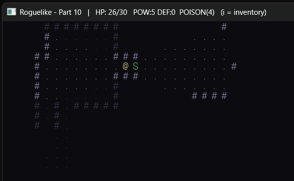 Part 10 — the player beside a green S snake, title bar showing POISON(5) as HP ticks down