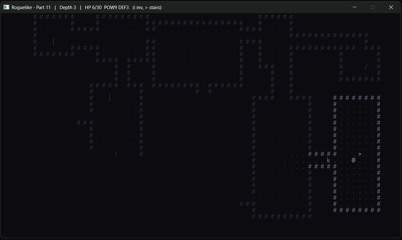Part 11 — the player standing on a bright yellow > down-stairs, title bar reading Depth 3