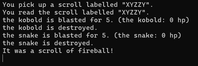 Part 13 — the log showing a fireball scroll blasting several monsters at once at range