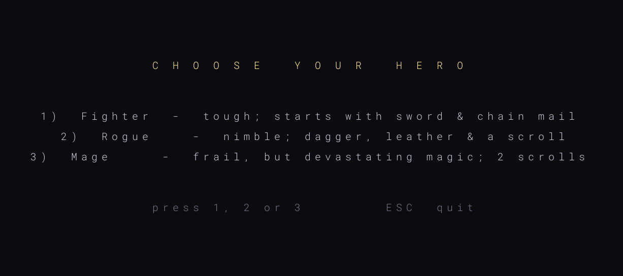 Part 14 — the class-select screen listing Fighter, Rogue and Mage with their starting kit