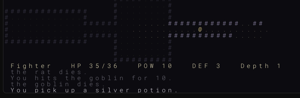 Part 16 — the dungeon above an on-screen HUD with a status line and a scrolling message log of recent combat