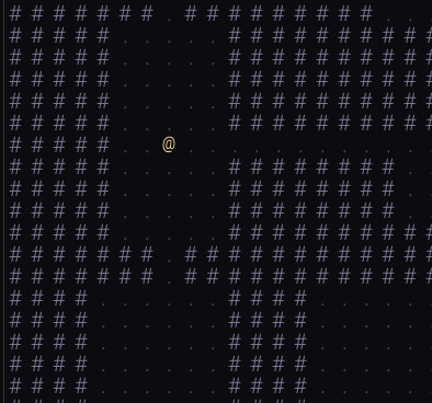 Part 2 — a bright gold @ player character standing in a dungeon room rendered with # walls and . floors
