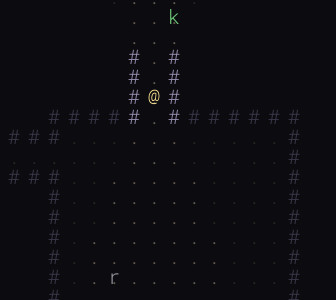 Part 4 — the @ player in a lit room with a green k kobold and a grey r rat nearby, other monsters hidden in darkness
