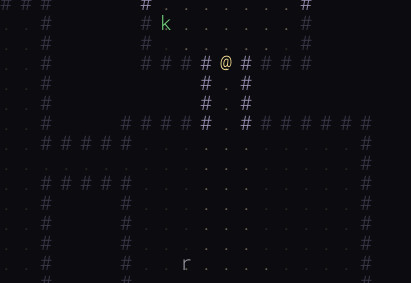 The same dungeon a few turns later — monsters have shuffled to new positions as the player moved