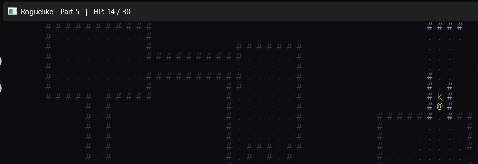 Part 5 — the @ player adjacent to a green kobold, with the window title bar showing reduced HP after trading blows