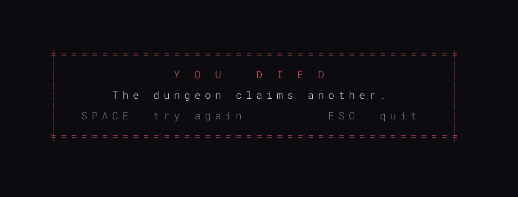 The framed YOU DIED screen with the prompt to press Space to try again or Escape to quit
