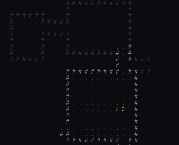 Part 6 — the game running identically to Part 5: the @ fighting monsters in a lit dungeon, proving the refactor preserved behaviour