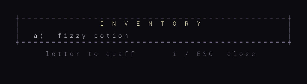 Part 8 — the inventory panel listing unidentified potions by colour, e.g. a) murky potion, b) red potion