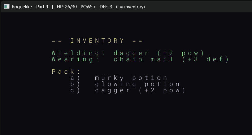 Part 9 — the inventory panel showing equipped weapon and armour at the top, with a lettered pack list below